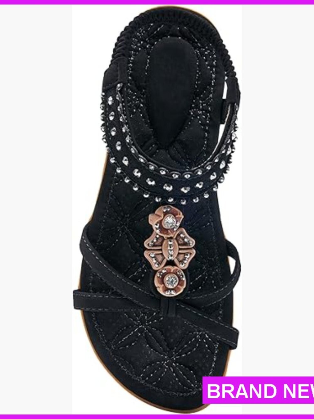 Leather Bohemian Flats Sandals Rhinestone Jeweled Elastic Ankle Casual Walking